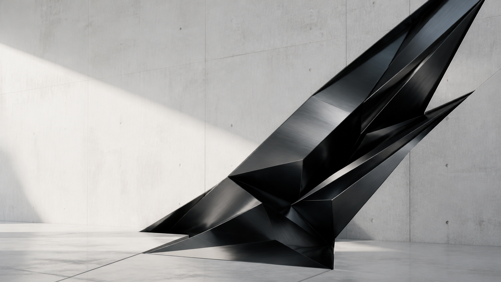 A black metallic abstract rift cutting through a pale architectural space